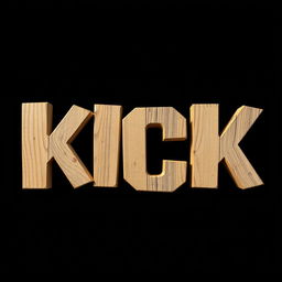 A 2D artistic representation of the word "KICK" crafted from wooden planks, set against a stark black background