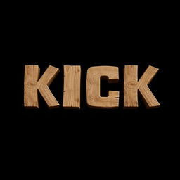 A 2D artistic representation of the word "KICK" crafted from wooden planks, set against a stark black background