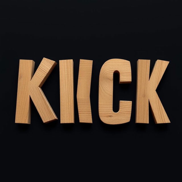 A 2D artistic representation of the word "KICK" crafted from wooden planks, set against a stark black background