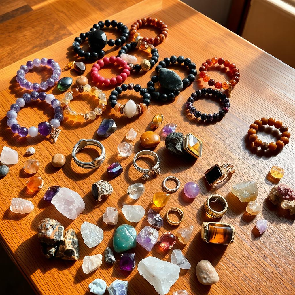 An exquisite table set with a vibrant collection of crystal stone bracelets made of amethyst, rose quartz, tiger's eye, obsidian, carnelian, and citrine, each piece sparkling in the light