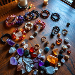 An exquisite table set with a vibrant collection of crystal stone bracelets made of amethyst, rose quartz, tiger's eye, obsidian, carnelian, and citrine, each piece sparkling in the light