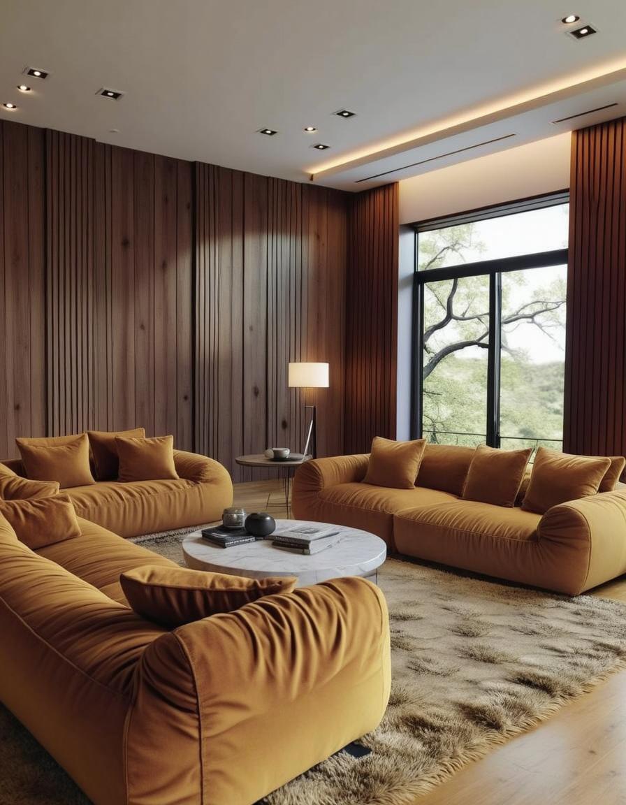 A cozy and modern living space featuring plush, oversized cushions in a vibrant yellow color, arranged around a large, round marble coffee table