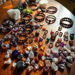 An exquisite table set with a vibrant collection of crystal stone bracelets made of amethyst, rose quartz, tiger's eye, obsidian, carnelian, and citrine, each piece sparkling in the light