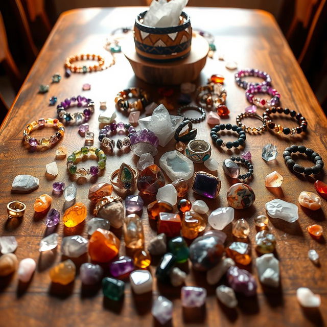 An exquisite table set with a vibrant collection of crystal stone bracelets made of amethyst, rose quartz, tiger's eye, obsidian, carnelian, and citrine, each piece sparkling in the light