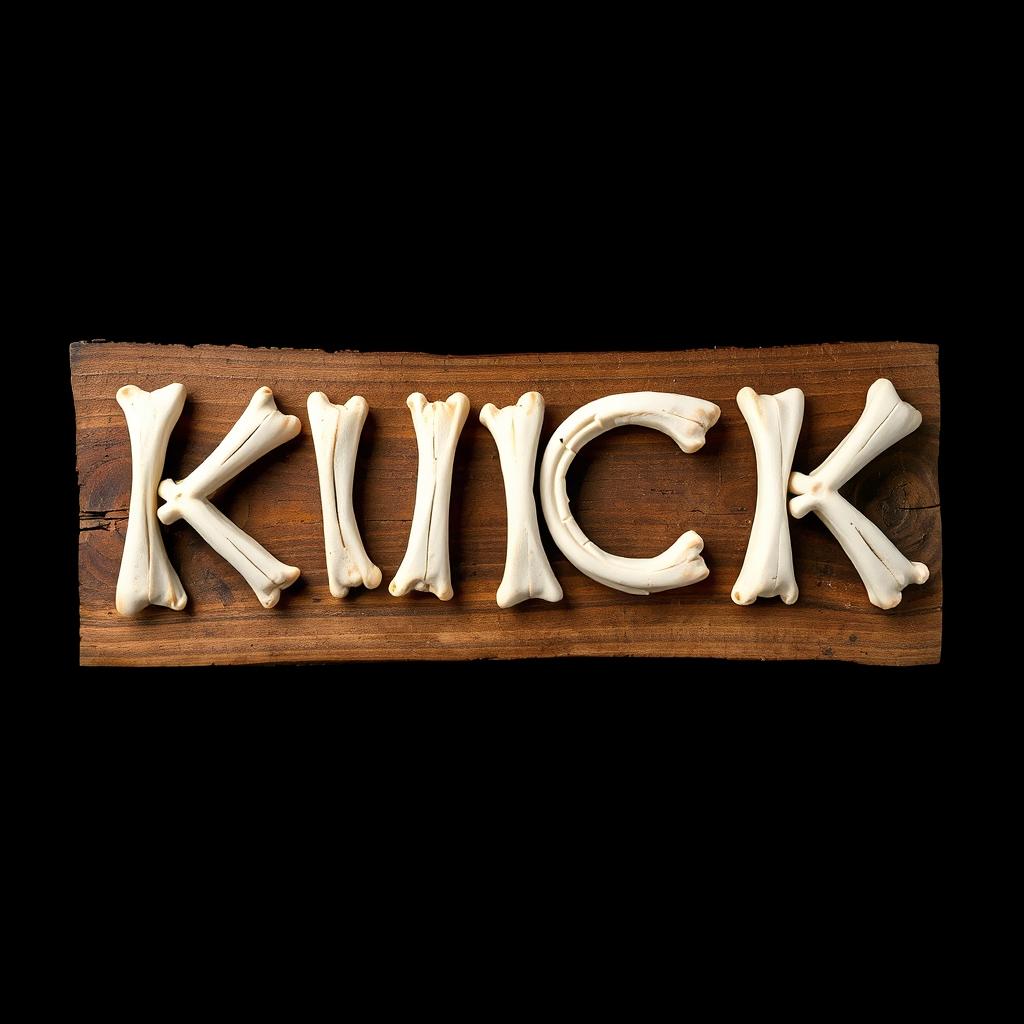 A striking 2D design featuring the word "KICK" creatively crafted from fish bones laid out on a wooden plank