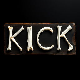 A striking 2D design featuring the word "KICK" creatively crafted from fish bones laid out on a wooden plank