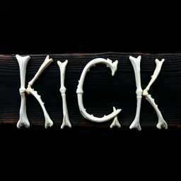 A striking 2D design featuring the word "KICK" creatively crafted from fish bones laid out on a wooden plank