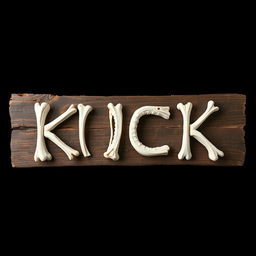 A striking 2D design featuring the word "KICK" creatively crafted from fish bones laid out on a wooden plank