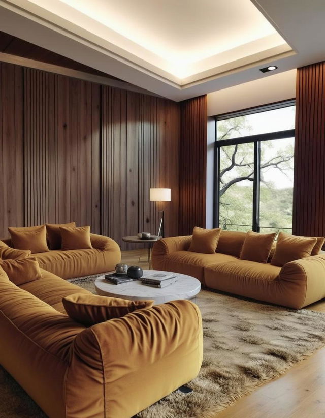 A cozy and modern living room featuring plush, oversized sofas in a warm mustard yellow color, elegantly arranged around a large, round marble coffee table