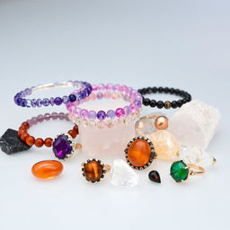 A stunning display of crystal stone bracelets, crystal rings, and natural crystal stones against a transparent background