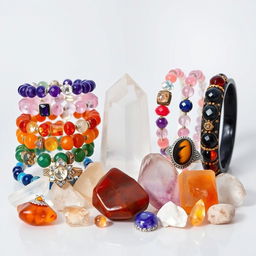 A stunning display of crystal stone bracelets, crystal rings, and natural crystal stones against a transparent background