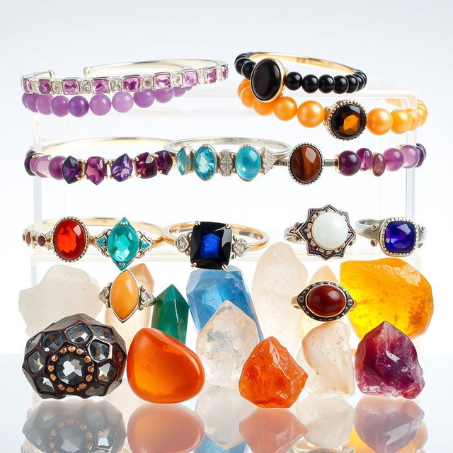 A stunning display of crystal stone bracelets, crystal rings, and natural crystal stones against a transparent background