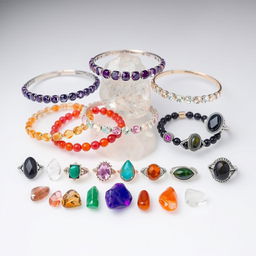 A stunning display of crystal stone bracelets, crystal rings, and natural crystal stones against a transparent background