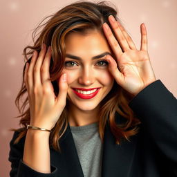 A young woman playfully attempting to cover her playful and attractive features with her hands, but it's evident that she's unable to fully hide her charm