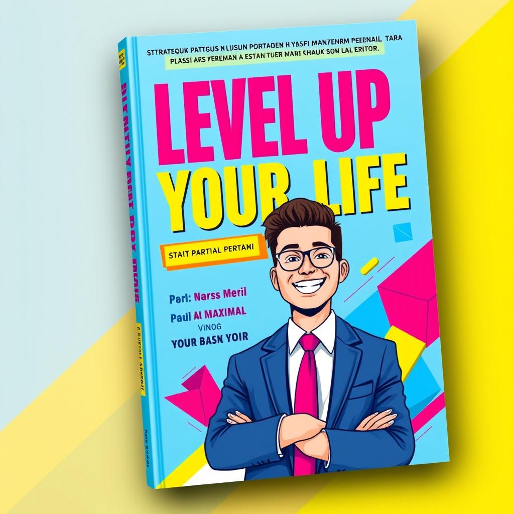 A vibrant and modern book cover design for 'Level Up Your Life: Strategi Praktis Meraih Potensi Maksimal'