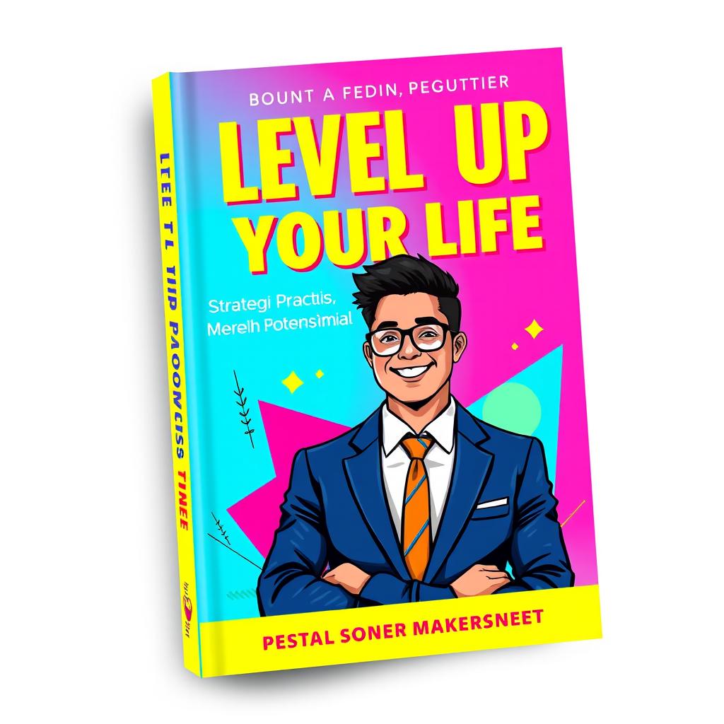 A vibrant and modern book cover design for 'Level Up Your Life: Strategi Praktis Meraih Potensi Maksimal'