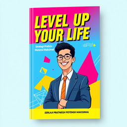 A vibrant and modern book cover design for 'Level Up Your Life: Strategi Praktis Meraih Potensi Maksimal'