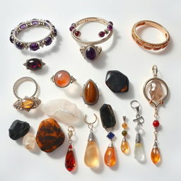 A captivating arrangement of crystal stone bracelets, crystal rings, natural crystal stones, and crystal pendants against a transparent background