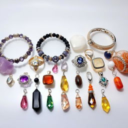 A captivating arrangement of crystal stone bracelets, crystal rings, natural crystal stones, and crystal pendants against a transparent background