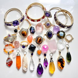 A captivating arrangement of crystal stone bracelets, crystal rings, natural crystal stones, and crystal pendants against a transparent background