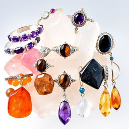 A captivating arrangement of crystal stone bracelets, crystal rings, natural crystal stones, and crystal pendants against a transparent background