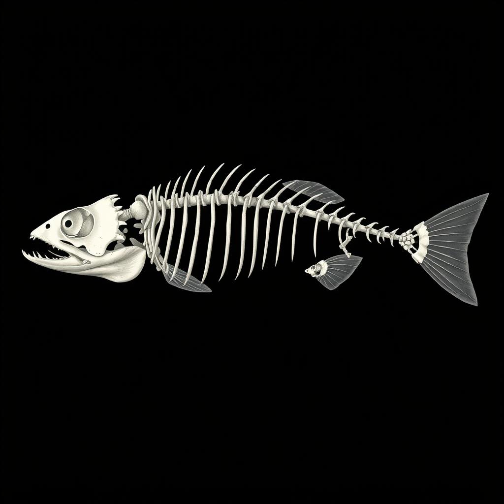 A detailed 2D illustration of a piranha skeleton, featuring an array of intricate bones and unique anatomical structures