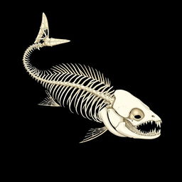 A detailed 2D illustration of a piranha skeleton, featuring an array of intricate bones and unique anatomical structures