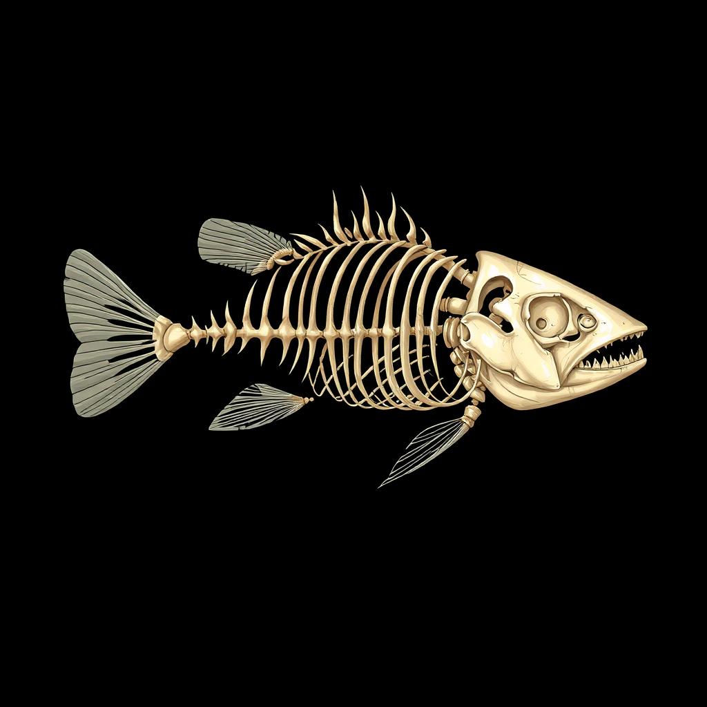 A detailed 2D illustration of a piranha skeleton, featuring an array of intricate bones and unique anatomical structures