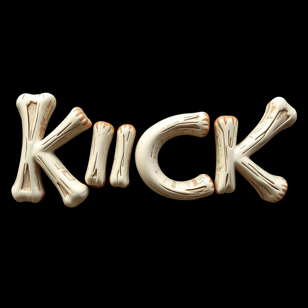 A vibrant 2D design featuring the word "KICK" artistically shaped out of bone, set against a solid black background