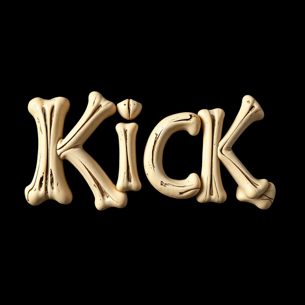 A vibrant 2D design featuring the word "KICK" artistically shaped out of bone, set against a solid black background