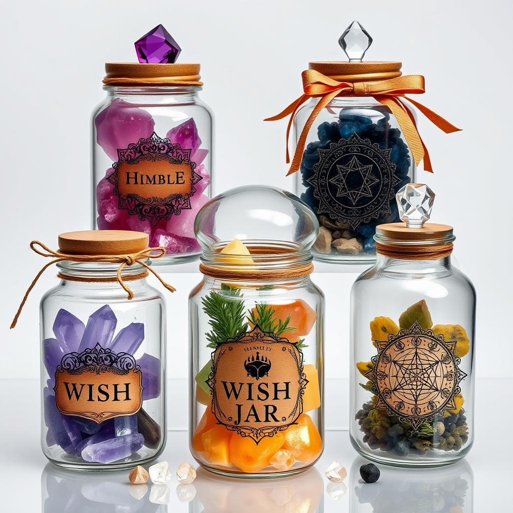 An enchanting collection of crystal wish jars and spell jars arranged against a transparent background