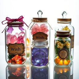 An enchanting collection of crystal wish jars and spell jars arranged against a transparent background