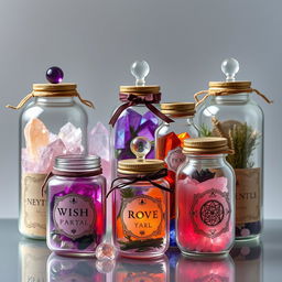 An enchanting collection of crystal wish jars and spell jars arranged against a transparent background