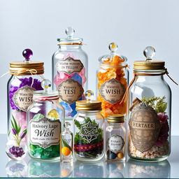 An enchanting collection of crystal wish jars and spell jars arranged against a transparent background