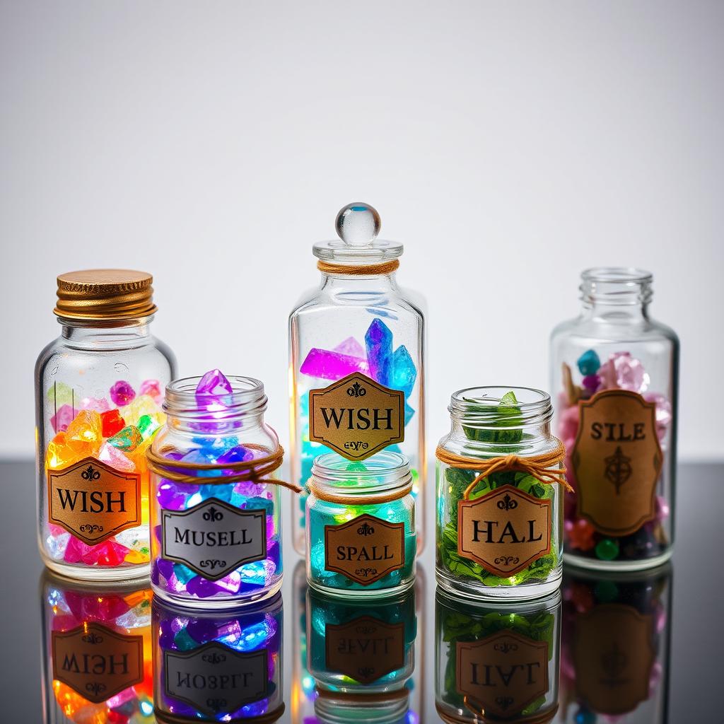 A delightful arrangement of mini crystal wish jars and mini spell jars against a transparent background