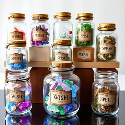 A delightful arrangement of mini crystal wish jars and mini spell jars against a transparent background