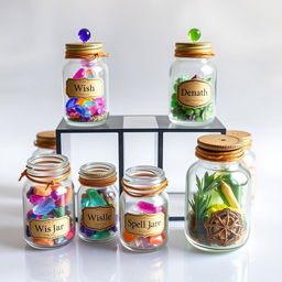 A delightful arrangement of mini crystal wish jars and mini spell jars against a transparent background