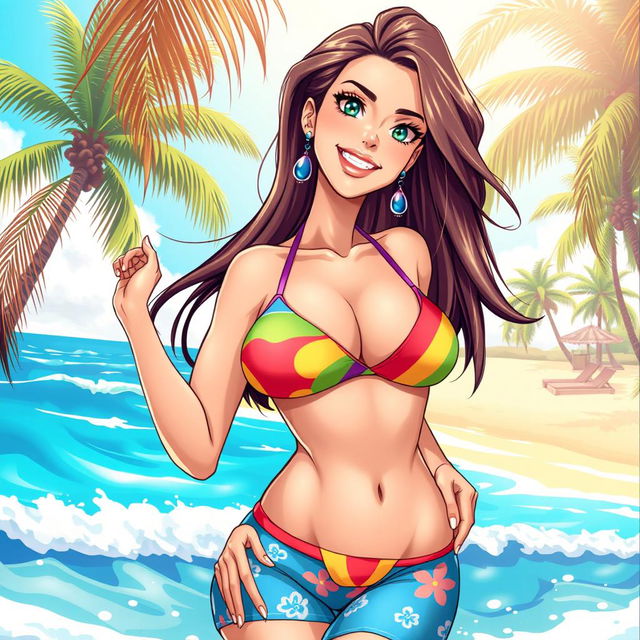Anime style illustration of a beautiful, alluring mature woman (milf) wearing a colorful bikini