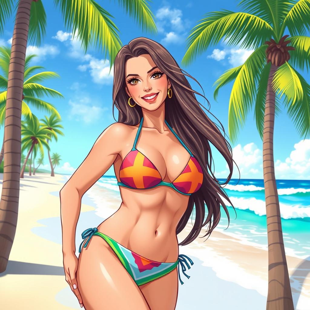 Anime style illustration of a beautiful, alluring mature woman (milf) wearing a colorful bikini