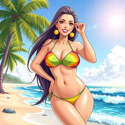 Anime style illustration of a beautiful, alluring mature woman (milf) wearing a colorful bikini