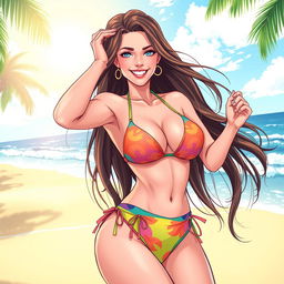 Anime style illustration of a beautiful, alluring mature woman (milf) wearing a colorful bikini