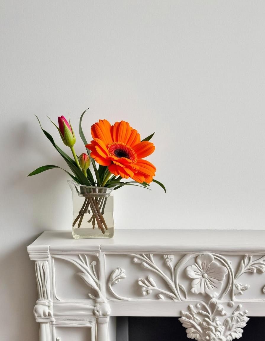 A beautiful vase filled with autumn flowers, featuring rich shades of orange, deep reds, and muted yellows