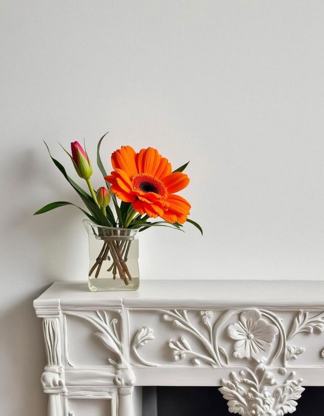 A beautiful vase filled with autumn flowers, featuring rich shades of orange, deep reds, and muted yellows