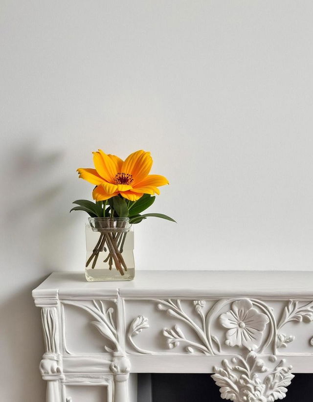 A beautiful arrangement of autumn flowers in a glass vase, featuring warm-toned blooms like deep oranges, soft yellows, and subtle reds, complemented by rich green leaves