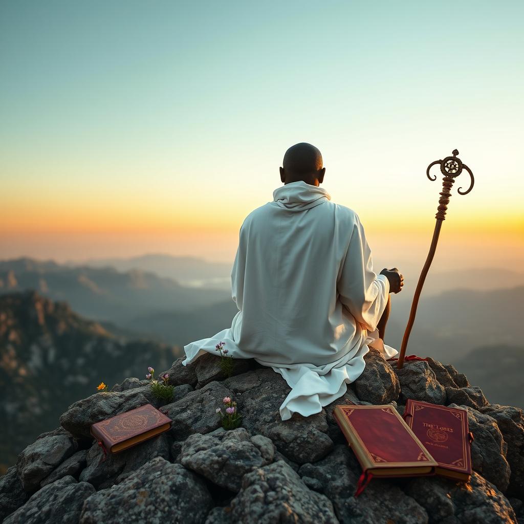 A book cover in the style of 'The Lost Symbol' by Dan Brown, filled with an image featuring a black guru, an eremite, sitting on a rocky mountain peak