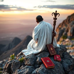 A book cover in the style of 'The Lost Symbol' by Dan Brown, filled with an image featuring a black guru, an eremite, sitting on a rocky mountain peak