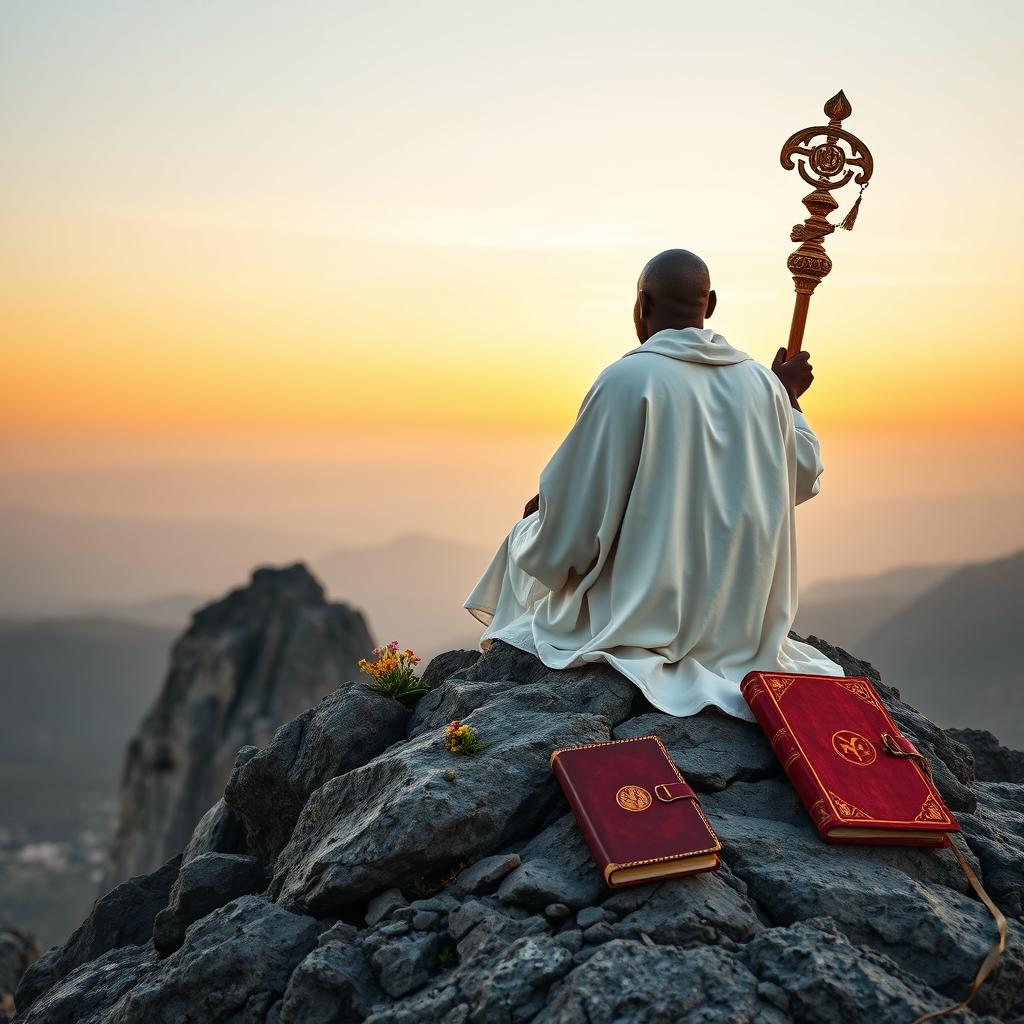 A book cover in the style of 'The Lost Symbol' by Dan Brown, filled with an image featuring a black guru, an eremite, sitting on a rocky mountain peak