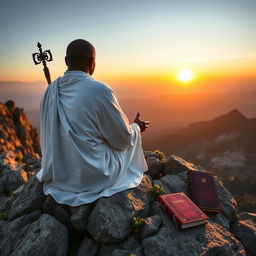 A book cover in the style of 'The Lost Symbol' by Dan Brown, filled with an image featuring a black guru, an eremite, sitting on a rocky mountain peak