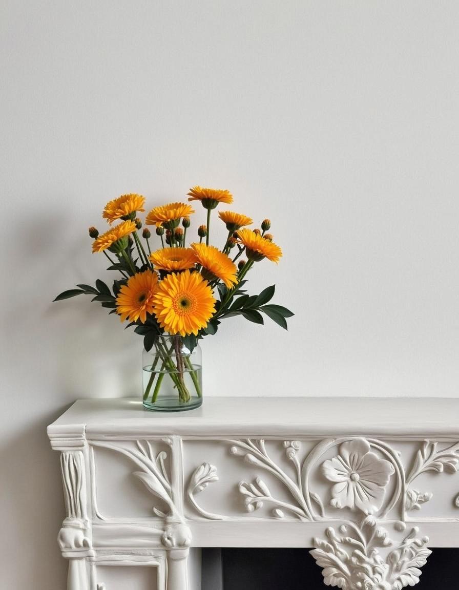 A delicate arrangement of autumn flowers in soft pastel shades, placed in a transparent glass vase on an ornate white mantel