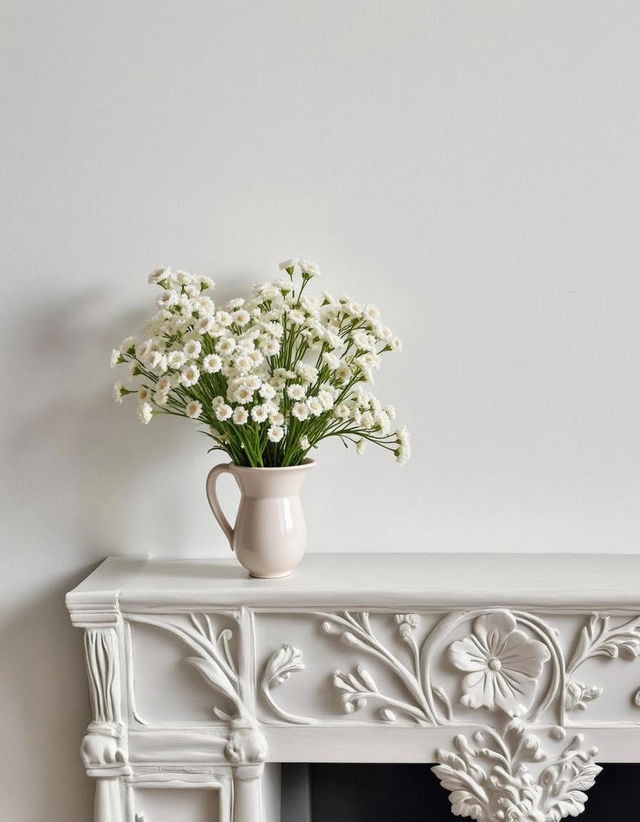 A beautiful arrangement of soft pink calla lilies in a clear glass vase, placed elegantly on a white ornate mantel